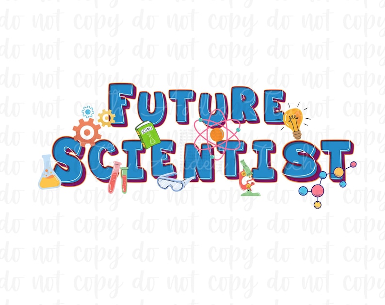 Pu&ograve; includere: Testo blu e rosso che recita "FUTURE SCIENTIST" con varie illustrazioni a tema scientifico, tra cui un libro, una lampadina, una beuta, un microscopio e una molecola.