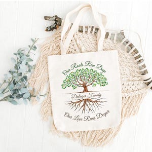 May include: A white canvas tote bag with a green tree design and the text "Our Roots Run Deep Dalager Family Our Love Runs Deeper".