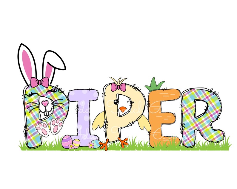 May include: A colorful Easter-themed name graphic with the name "PIPER" spelled out in patchwork letters. The letter "P" features a bunny rabbit with pink ears and a bow. The letter "I" is purple. The letter "P" is yellow and features a chick with a pink bow. The letter "E" is orange and the letter "R" is green and blue.