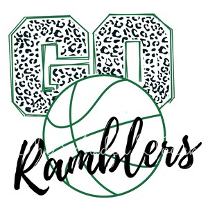 May include: Green and black leopard print graphic of the number "60" with a basketball and the word "Ramblers" in black cursive.