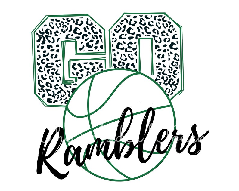 May include: Green and black leopard print graphic of the number "60" with a basketball and the word "Ramblers" in black cursive.