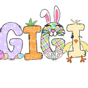 May include: A colorful Easter-themed name graphic with the name "Gigi" spelled out in large letters. The "G" is decorated with a purple and white polka dot pattern and Easter eggs. The "I" is decorated with a plaid pattern and a bunny rabbit face. The "G" is decorated with a yellow chick face.