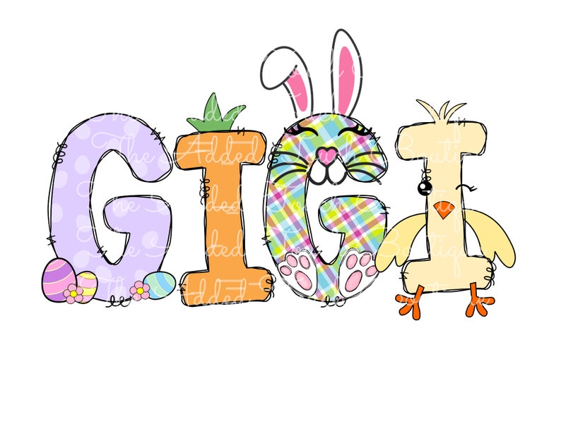 May include: A colorful Easter-themed name graphic with the name "Gigi" spelled out in large letters. The "G" is decorated with a purple and white polka dot pattern and Easter eggs. The "I" is decorated with a plaid pattern and a bunny rabbit face. The "G" is decorated with a yellow chick face.
