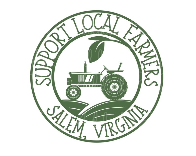 Pu&ograve; includere: Logo circolare verde con il testo "Support Local Farmers Salem, Virginia" attorno al bordo. All'interno del cerchio si trovano una foglia verde e un trattore.