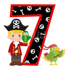 May include: A red and black number seven with a pirate theme. A cartoon pirate with a green parrot is standing next to the number. The number is decorated with skulls and crossbones.