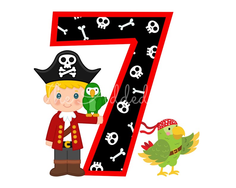 May include: A red and black number seven with a pirate theme. A cartoon pirate with a green parrot is standing next to the number. The number is decorated with skulls and crossbones.