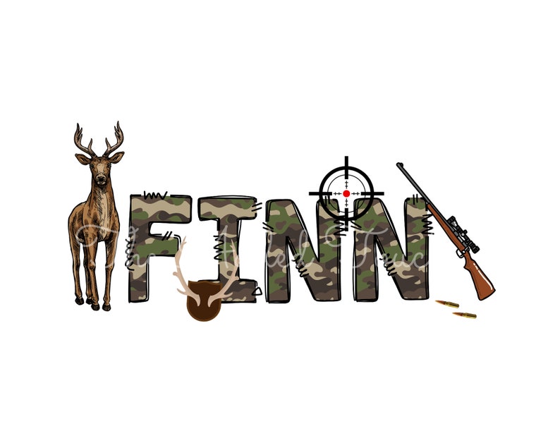 May include: Camouflage print letters spelling the name "FINN" with a deer, a rifle, and a target graphic.