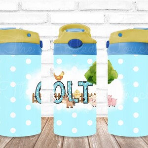 May include: A blue and yellow water bottle with a white polka dot pattern. The bottle has a straw and a flip top lid. The bottle has a farm animal design with the name "Colt" on it.