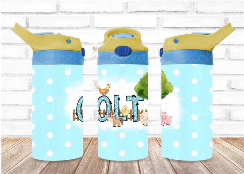 May include: A blue and yellow water bottle with a white polka dot pattern. The bottle has a straw and a flip top lid. The bottle has a farm animal design with the name "Colt" on it.