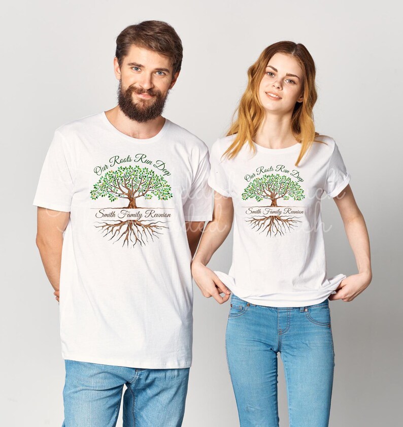 May include: Two white t-shirts with a green tree design and the text "Our Roots Run Deep" and "Smith Family Reunion".