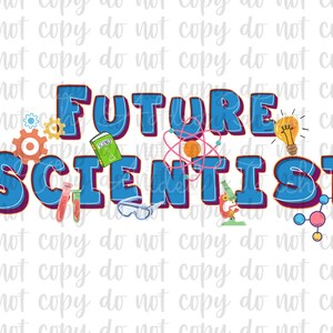 Pu&ograve; includere: Testo blu e viola che recita "FUTURE SCIENTIST" con varie illustrazioni a tema scientifico, tra cui un libro, una lampadina, un microscopio e una molecola.