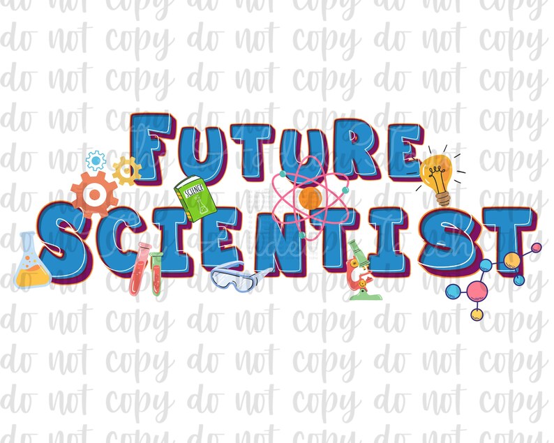 Pu&ograve; includere: Testo blu e viola che recita "FUTURE SCIENTIST" con varie illustrazioni a tema scientifico, tra cui un libro, una lampadina, un microscopio e una molecola.