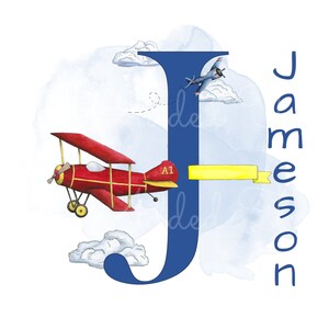 May include: A blue letter J with a red airplane flying in front of it. The airplane has a yellow banner that says "A1". The letter J is surrounded by blue watercolor clouds. The name "Jameson" is written vertically to the right of the letter J.