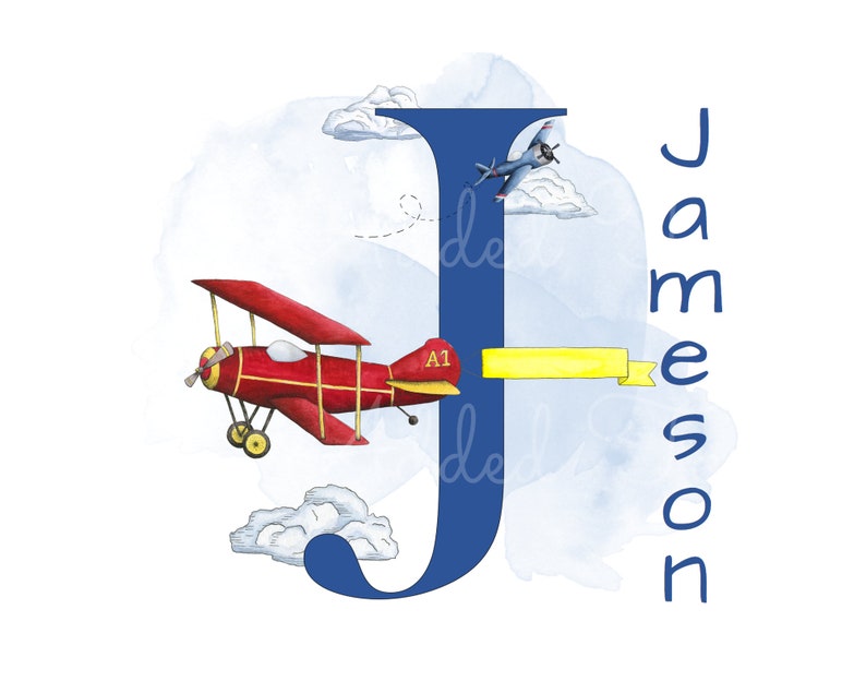 May include: A blue letter J with a red airplane flying in front of it. The airplane has a yellow banner that says "A1". The letter J is surrounded by blue watercolor clouds. The name "Jameson" is written vertically to the right of the letter J.