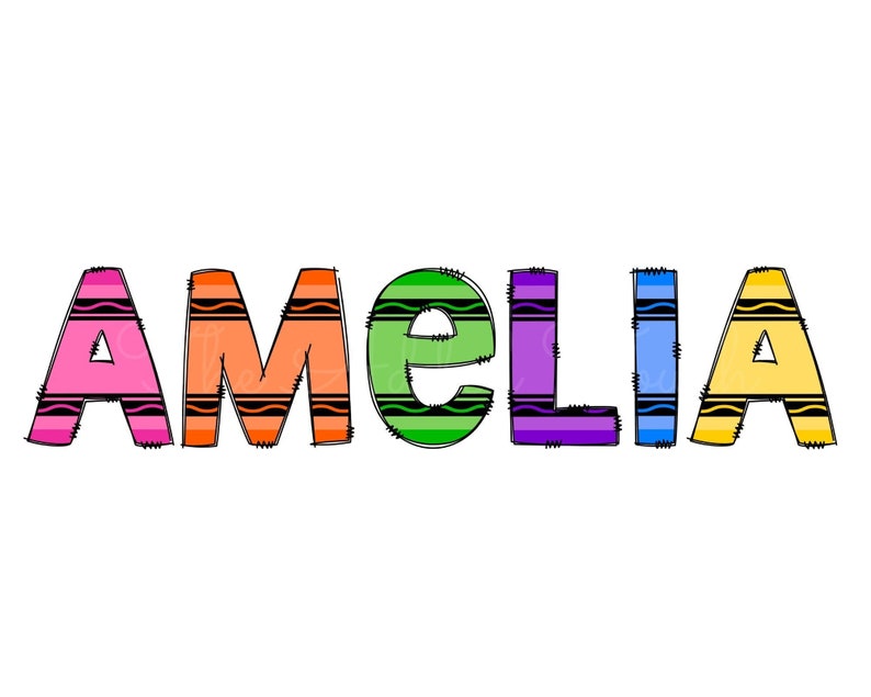 May include: The name Amelia spelled out in colorful letters that look like crayons. Each letter is a different color, including pink, orange, green, purple, blue, and yellow.