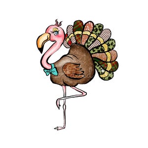 May include: A whimsical illustration of a flamingo-turkey hybrid. The bird has a pink head and beak, a brown body, and a colorful tail with plaid, leopard print, and glitter accents. It stands on one leg and wears a teal bow tie.