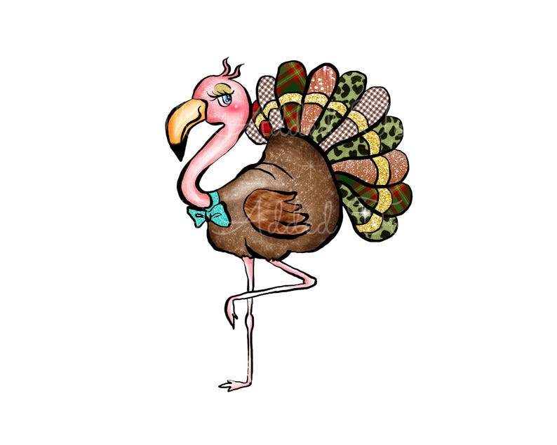 May include: A whimsical illustration of a flamingo-turkey hybrid. The bird has a pink head and beak, a brown body, and a colorful tail with plaid, leopard print, and glitter accents. It stands on one leg and wears a teal bow tie.