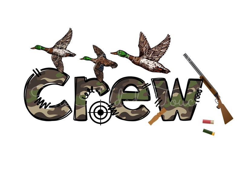 May include: Camouflage print "Crew" text with a target symbol and three flying ducks. A shotgun and two shotgun shells are below the text.