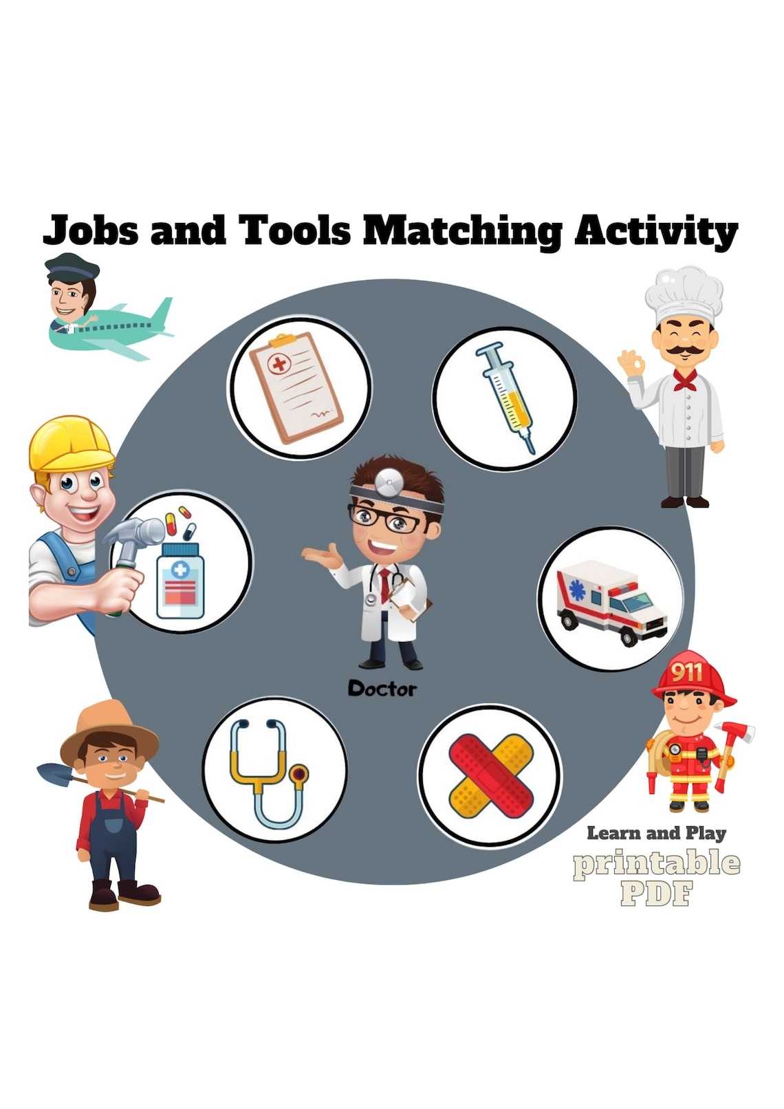 12 Jobs and Tools Matching Activity Printable Game for Toddlers