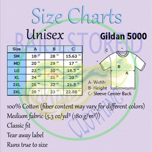 May include: Size chart for Gildan 5000 unisex t-shirts. The chart shows measurements in inches for sizes small to 3XL. The chart includes width, height, and sleeve center back measurements.