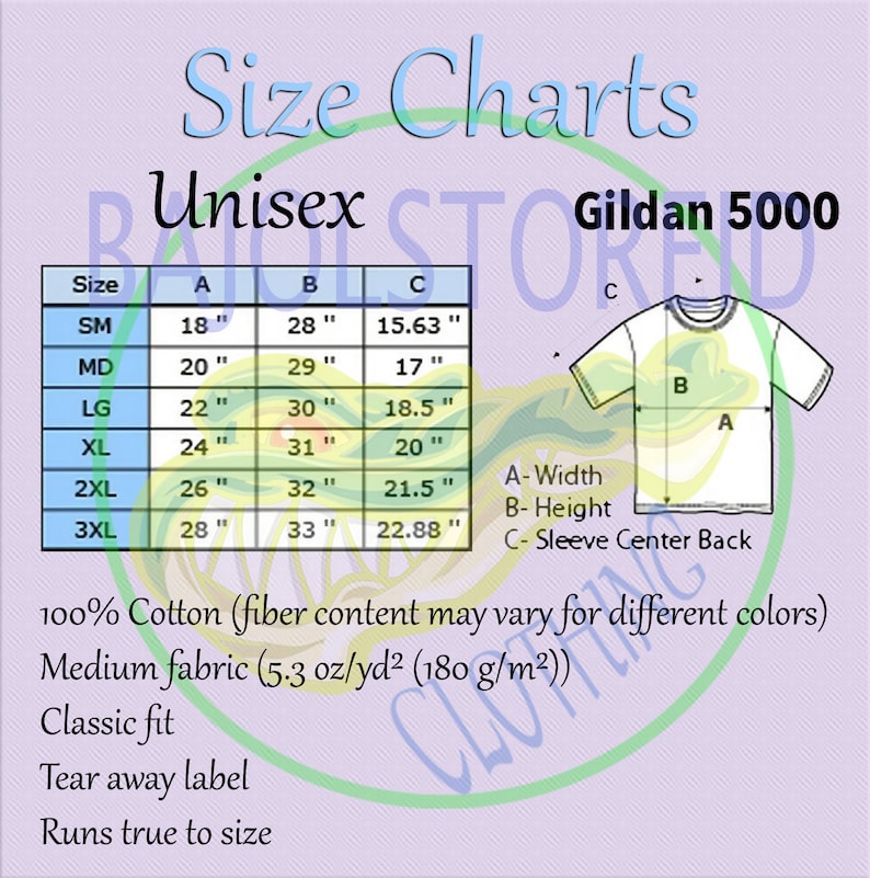May include: Size chart for Gildan 5000 unisex t-shirts. The chart shows measurements in inches for sizes small to 3XL. The chart includes width, height, and sleeve center back measurements.