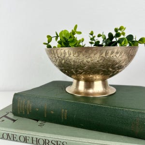 Vintage Etched Brass Pedestal Bowl: Boho Leaf Design Catchall