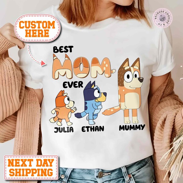 Personalized Blue Dog Mom Shirt, Blue Dog Family Tee, Cartoon Blue Dog Hoodie, Sweatshirt Mother's Day Special, New Mom Gift for Her