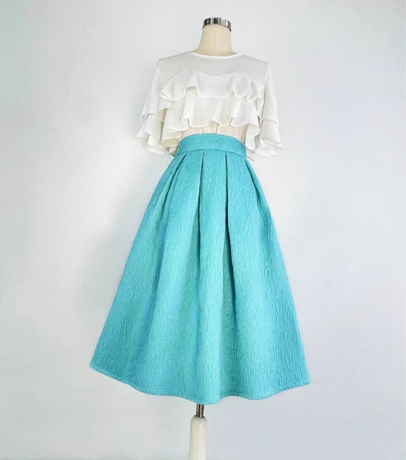 Simple embroidered high-waisted skirt woman,Zipper skirt,Sky blue skirt tutu skirt,Hepburn umbrella skirt,Pocket skirt,Custom skirt. image 2