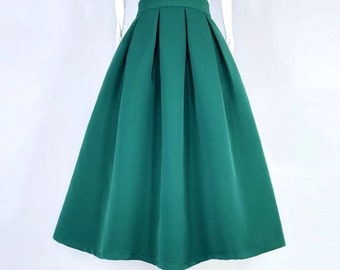 Green high-waisted umbrella skirt lady,Autumn and winter skirt,Zipper skirt,Pocket skirt,Custom-made skirt