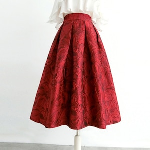 Élégante jupe trapèze en jacquard printemps-automne, jupe taille haute zippée, jupe tutu rouge, jupe parapluie Hepburn, jupe personnalisée.