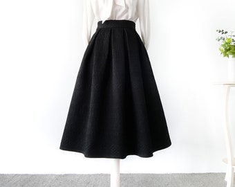 Jupe trapèze brodée en jacquard vintage, jupe noire taille haute, jupe trapèze automne hiver, jupe parapluie noire de style Hepburn, jupe personnalisée.