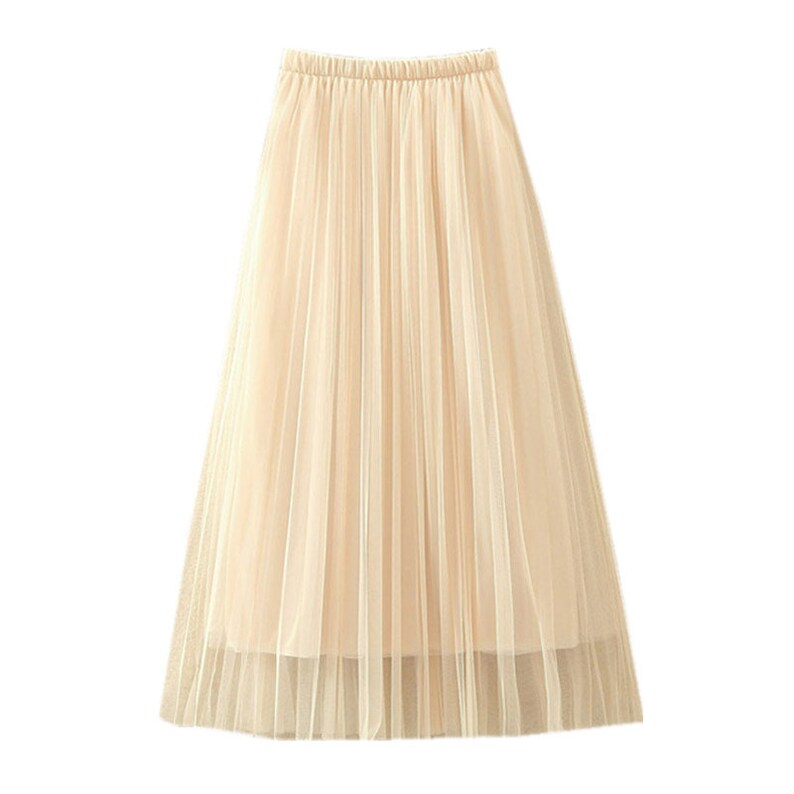 Romantic layered tulle midi skirt,Casual pleated splicing tulle skirt,Women skirt elastic waist pleated maxi skirt. Apricot