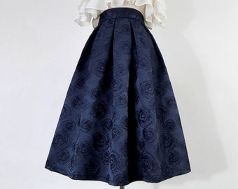 Jupe trapèze brodée en jacquard, jupe taille haute bleu foncé, jupe trapèze automne hiver, jupe tutu à poche, jupe Hepburn, jupe Ustom.