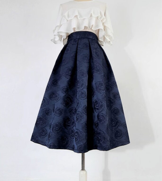 Jacquard Embroidered A-line Skirt,dark Blue High Waist Skirt  
