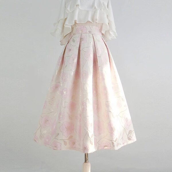 Grande jupe à fleurs roses, jupe en organza, jupe pour femme printemps-été, jupe taille haute zippée, jupe à poche, jupe personnalisée.