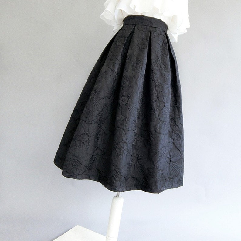Vintage jacquard embroidered A-line skirt,Black high waist skirt,Autumn winter swing skirt,Hepburn style black umbrella skirt,Custom skirt. image 3