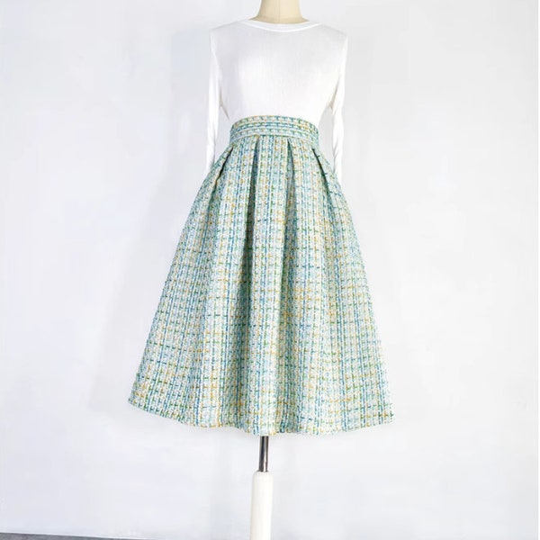 Elegant green tweed skirt,Autumn winter swing skirt,Hepburn style Green umbrella skirt,Pocket skirt,Custom skirt.