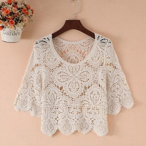 Bohemian Oversized lace half-sleeve top,Women Summer short crochet cutout blouse,Ladies shawls as outerwear for sleeveless dresses.