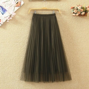 Romantic layered tulle midi skirt,Casual pleated splicing tulle skirt,Women skirt elastic waist pleated maxi skirt. Brown