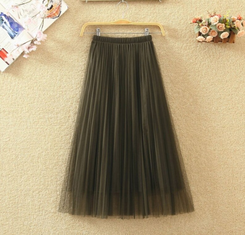 Romantic layered tulle midi skirt,Casual pleated splicing tulle skirt,Women skirt elastic waist pleated maxi skirt. Brown