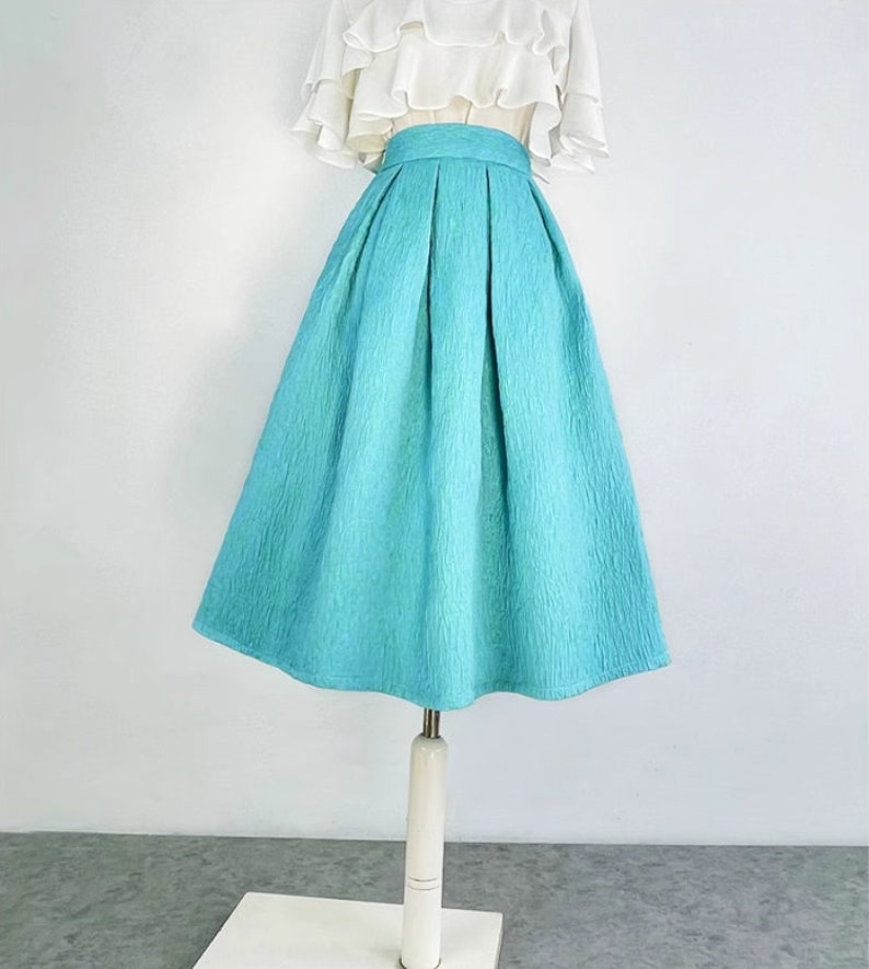 Simple embroidered high-waisted skirt woman,Zipper skirt,Sky blue skirt tutu skirt,Hepburn umbrella skirt,Pocket skirt,Custom skirt. image 3