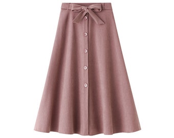 Autumn Winter Vintage Woolen skirt,Women A-line Elastic High waist skirt,Sweet Button Woolen Midi Skirt,Flared skirt,Wool circle skirt.