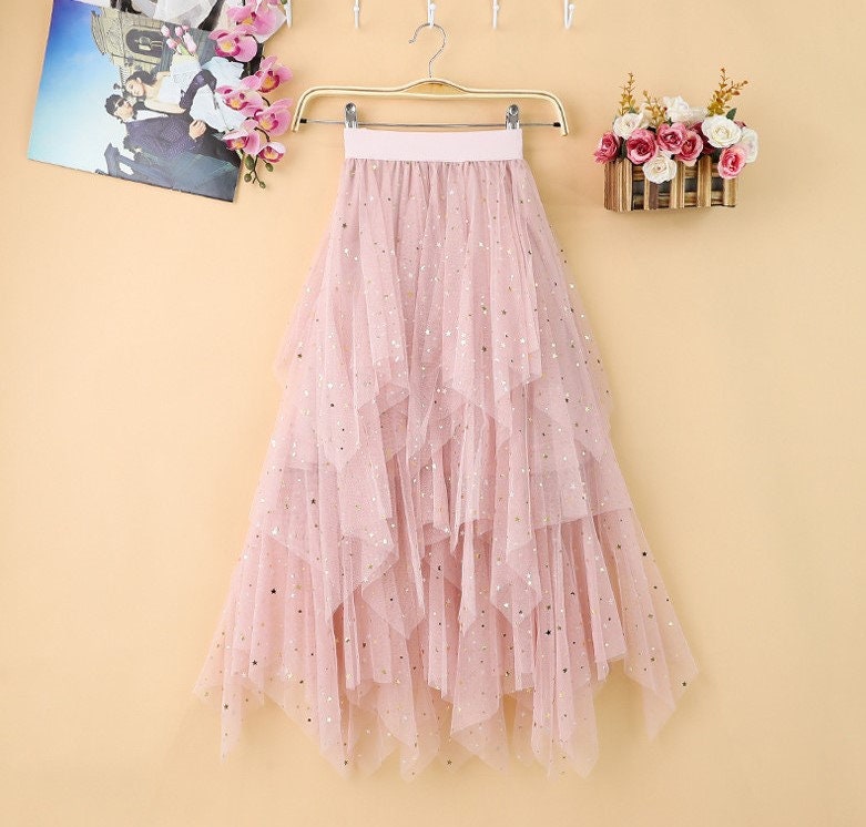 Pequined Star Fairy Tulle Midi Skirt Party Skirt Stretch | Etsy