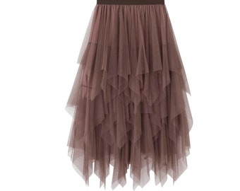 Jupe maxi plissée taille haute élastique en tulle pour femmes à la mode, jupe mi-longue en tulle superposée romantique, jupe en tulle de demoiselle d'honneur.