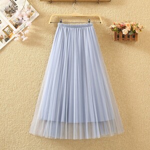 Romantic layered tulle midi skirt,Casual pleated splicing tulle skirt,Women skirt elastic waist pleated maxi skirt. Light Blue