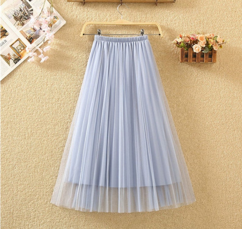 Romantic layered tulle midi skirt,Casual pleated splicing tulle skirt,Women skirt elastic waist pleated maxi skirt. Light Blue