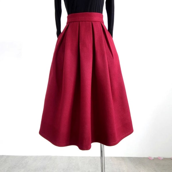 Vintage jacquard embroidered A-line skirt,Burgundy  high waist skirt,Autumn winter swing skirt,Hepburn style umbrella skirt,Custom skirt.