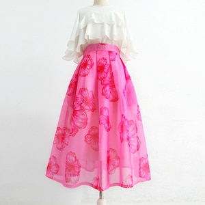 Large rose flower print skirt,Organza skirt,Spring and summer lady skirt,High waist zipper skirt,Pocket skirt,Custom skirt.