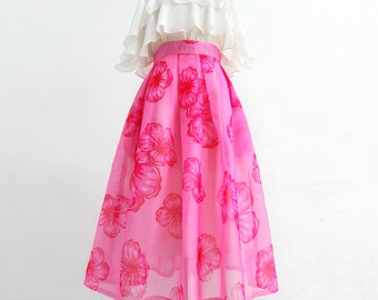 Jupe imprimée grande fleur rose, jupe en organza, jupe pour femme printemps et été, jupe zippée taille haute, jupe à poche, jupe personnalisée.