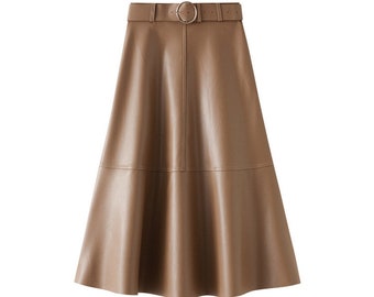 Jupe automne hiver faux cuir, femme A-line élastique taille haute jupe grand ourlet, pu vegan jupe midi évasée, jupe longueur genou, cadeau pour elle.